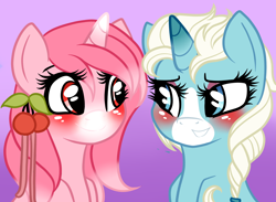 Size: 1400x1024 | Tagged: safe, artist:potatogirlivy, oc, oc only, oc:heart blossom, oc:snow spell, pony, unicorn, blushing, duo, duo female, female, gradient background, horn, looking at each other, mare, smiling, smiling at each other, unicorn oc