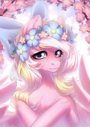 Size: 2480x3507 | Tagged: safe, artist:fenwaru, oc, oc only, oc:bay breeze, pegasus, pony, g4, beautiful, blushing, bow, cherry blossoms, cute, female, floral head wreath, flower, flower blossom, hair bow, high res, looking at you, mare, outdoors, pegasus oc, wings