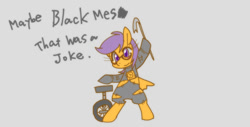 Size: 1000x508 | Tagged: source needed, useless source url, safe, artist:girlieginger, scootaloo, pegasus, pony, g4, bipedal, black mesa, blushing, clothes, cosplay, costume, crowbar, cute, female, filly, foal, glados, glasses, gordon freeman, half-life, hev suit, hoof hold, japan, lyrics, portal, portal (valve), sidemouth, smiling, solo, standing, standing up, still alive, text, wheelbarrow