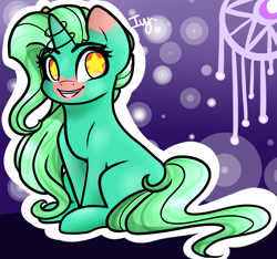 Size: 1280x1200 | Tagged: safe, artist:potatogirlivy, oc, oc only, pony, unicorn, art trade, female, open mouth, open smile, sitting, smiling, solo, starry eyes, wingding eyes