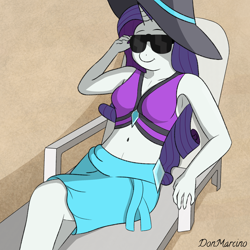 Size: 5000x5000 | Tagged: safe, artist:donmarcino, rarity, unicorn, anthro, g4, beach, belly button, bikini, breasts, chair, clothes, day, equestria girls outfit, eyewear, front view, hat, horn, lying, outdoors, sand, short shirt, signature, simple background, skirt, smiling, solo, summer, sunglasses, swimsuit