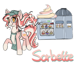 Size: 2364x2000 | Tagged: safe, artist:finalaspex, oc, oc only, oc:sorbette, earth pony, pony, cap, cute, female, food, hat, high res, ice cream, mare, reference sheet, refrigerator, simple background, smiling, solo, transparent background