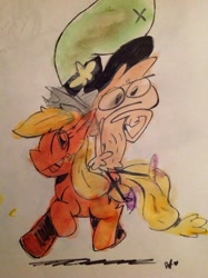Size: 564x755 | Tagged: artist needed, safe, applejack, g4, applejack's hat, cowboy hat, crossover, friendshipping, hat, riding a pony, thinking, traditional art, wander (wander over yonder), wander over yonder