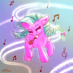 Size: 2000x2000 | Tagged: safe, artist:finalaspex, oc, oc only, oc:minty joy, pony, unicorn, dancing, earbuds, female, happy, high res, mare, mp3 player, music, smiling, solo