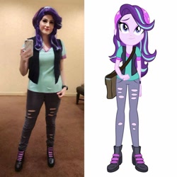 Size: 960x960 | Tagged: safe, artist:sarahndipity cosplay, starlight glimmer, human, equestria girls, equestria girls specials, g4, my little pony equestria girls: mirror magic, beanie, clothes, comparison, cosplay, costume, hat, irl, irl human, pants, photo, ripped pants, torn clothes, vest