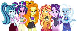 Size: 1024x421 | Tagged: safe, artist:binco_293, artist:emeraldblast63, artist:rileyav, adagio dazzle, aria blaze, sonata dusk, starlight glimmer, sunset shimmer, trixie, human, equestria girls, equestria girls specials, g4, my little pony equestria girls: better together, my little pony equestria girls: forgotten friendship, bare shoulders, belly button, clothes, female, one-piece swimsuit, sarong, simple background, sleeveless, swimsuit, the dazzlings, transparent background, vector