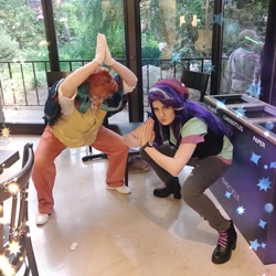 Size: 960x960 | Tagged: safe, artist:sarahndipity cosplay, artist:shelbeanie, starlight glimmer, sunburst, human, g4, beanie, clothes, cosplay, costume, duo, hat, irl, irl human, pants, photo, ripped pants, torn clothes