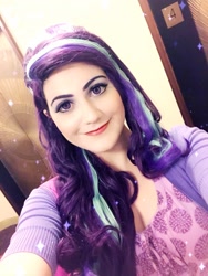 Size: 1538x2048 | Tagged: safe, artist:sarahndipity cosplay, starlight glimmer, human, g4, clothes, cosplay, costume, everfree northwest, everfree northwest 2017, irl, irl human, looking at you, meta, photo, smiling, smiling at you