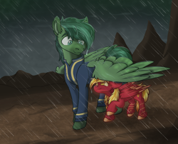 Size: 1256x1016 | Tagged: safe, artist:rokosmith26, oc, oc only, pegasus, pony, fallout equestria, clothes, cloud, cloudy, duo, female, floppy ears, looking at each other, looking down, male, mare, markings, pegasus oc, rain, scenery, shirt, smiling, smiling at each other, spread wings, stallion, standing, walking, wet, wet mane, wings