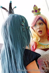 Size: 1365x2048 | Tagged: safe, artist:maddymoiselle, artist:sarahndipity cosplay, artist:silverscotty photography, princess cadance, queen chrysalis, human, g4, 2017, clothes, cosplay, costume, facebook, irl, irl human, looking at each other, open mouth, photo, scared