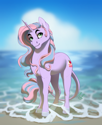 Size: 1800x2200 | Tagged: safe, artist:joan-grace, oc, oc only, oc:strawberry gateau, pony, unicorn, beach, female, mare, solo