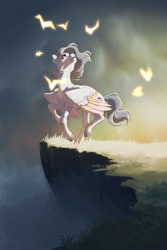 Size: 1600x2400 | Tagged: safe, artist:joan-grace, oc, oc only, oc:romantic sunset, pegasus, pony, cliff, female, mare, solo, two toned wings, wings