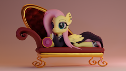 Size: 3840x2160 | Tagged: safe, artist:dieanondie, fluttershy, pegasus, pony, g4, 3d, blender, clothes, dress, ear piercing, earring, eyeshadow, fainting couch, female, fluttergoth, goth, high res, hoof shoes, jewelry, lying down, makeup, mare, piercing, prone, solo