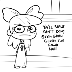 Size: 3000x3000 | Tagged: safe, artist:tjpones, apple bloom, human, g4, black and white, cleric, clothes, cross, dress, female, freckles, grayscale, high res, humanized, looking at you, monochrome, offscreen character, solo