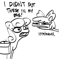 Size: 3000x3000 | Tagged: safe, artist:tjpones, apple bloom, bon bon, sweetie drops, earth pony, pony, call of the cutie, g4, apple, bag, black and white, dialogue, duo, female, filly, food, grayscale, high res, i didn't put those in my bag, mare, monochrome, saddle bag, simple background, sketch, white background