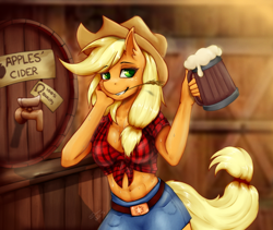 Size: 1282x1080 | Tagged: safe, artist:shamziwhite, applejack, earth pony, anthro, g4, belly button, belt, blonde hair, blonde mane, blonde tail, breasts, cleavage, clothes, cowboy hat, denim shorts, drink, ear fluff, eyebrows, eyebrows visible through hair, female, fluffy, freckles, fur, green eyes, hair, hair accessory, hat, mammal, mane, mare, midriff, orange fur, shirt, shorts, skirt, smiling, solo, sweat, tail, teeth, topwear