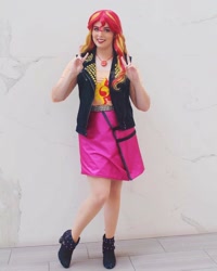 Size: 1080x1350 | Tagged: safe, artist:maddymoiselle, sunset shimmer, human, g4, babscon, babscon 2019, clothes, cosplay, costume, irl, irl human, jewelry, looking at you, necklace, peace sign, photo, smiling, smiling at you