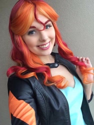 Size: 720x960 | Tagged: safe, artist:maddymoiselle, sunset shimmer, human, g4, clothes, cosplay, costume, irl, irl human, looking at you, photo, smiling, smiling at you