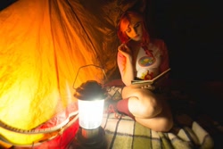 Size: 1080x720 | Tagged: safe, artist:maddymoiselle, photographer:taps, sunset shimmer, human, equestria girls, g4, my little pony equestria girls: legend of everfree, book, clothes, cosplay, costume, irl, irl human, lantern, photo, reading