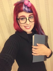 Size: 720x960 | Tagged: safe, artist:maddymoiselle, moondancer, human, g4, book, clothes, cosplay, costume, glasses, irl, irl human, looking at you, photo, smiling, smiling at you