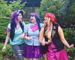Size: 960x768 | Tagged: safe, artist:maddymoiselle, artist:sarahndipity cosplay, artist:shelbeanie, starlight glimmer, sunset shimmer, twilight sparkle, human, equestria girls, g4, beanie, clothes, cosplay, costume, everfree northwest, hat, irl, irl human, magical trio, open mouth, pants, photo, ripped pants, torn clothes, trio
