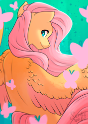 Size: 1280x1811 | Tagged: safe, artist:silentwolf-oficial, part of a set, fluttershy, butterfly, pegasus, pony, g4, abstract background, bust, colored wings, colored wingtips, female, flowing mane, looking at you, looking back, looking back at you, looking over shoulder, mare, rear view, smiling, smiling at you, solo, spread wings, turned head, two toned wings, wings