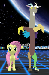 Size: 340x522 | Tagged: safe, discord, fluttershy, draconequus, pony, g4, moon, space, stars, video game, virtual reality