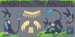 Size: 3000x1500 | Tagged: safe, artist:miramore, oc, ahuizotl (species), hybrid, aztec, bracelet, bust, fangs, forked tongue, gold, hand, jewelry, jewelry only, necklace, plant, reference sheet, ring, shadow, shoulder pads, signature, simple background, solo, teeth, weird eyes