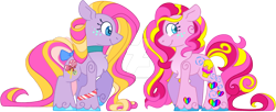 Size: 1600x652 | Tagged: safe, artist:rohans-ponies, rainbow treat, triple treat, pony, g3, g4, g3 to g4, generation leap, simple background, transparent background