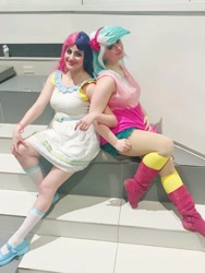 Size: 720x960 | Tagged: safe, artist:sarahndipity cosplay, artist:shelbeanie, bon bon, lyra heartstrings, sweetie drops, human, equestria girls, g4, babscon, clothes, cosplay, costume, facebook, irl, irl human, photo