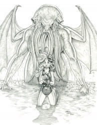 Size: 1100x1419 | Tagged: safe, artist:baron engel, sweetie belle, unicorn, anthro, g4, behind you, body horror, call of cthulhu, clothes, cthulhu, eldritch abomination, eldritch horror, female, legs in the water, lovecraft, monochrome, one-piece swimsuit, pencil drawing, swimsuit, traditional art