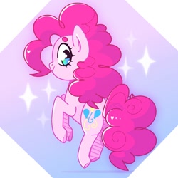 Size: 1500x1500 | Tagged: safe, artist:vivian reed, pinkie pie, earth pony, pony, g4, abstract background, beanbrows, cute, diapinkes, eyebrows, female, heart, looking at you, looking back, looking back at you, mare, raised hoof, solo, sparkles