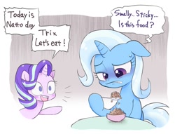 Size: 1573x1200 | Tagged: safe, artist:k-nattoh, starlight glimmer, trixie, pony, unicorn, g4, beans, dialogue, disgusted, duo, female, floppy ears, food, gritted teeth, herbivore, mare, natto, spoon, trixie is not amused, unamused