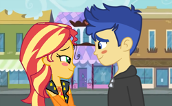 Size: 1000x620 | Tagged: safe, artist:3d4d, flash sentry, sunset shimmer, equestria girls, g4, blushing, female, looking at each other, male, ship:flashimmer, shipping, smiling, smiling at each other, straight