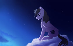 Size: 1280x816 | Tagged: safe, artist:akeahi, oc, oc only, pegasus, pony, cloud, folded wings, male, melancholy, night, on a cloud, outdoors, sitting, solo, stallion, wings