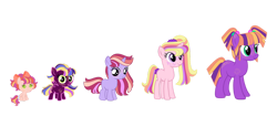 Size: 1280x587 | Tagged: safe, artist:frostcorpsclub, oc, oc only, oc:apollonia, oc:pear butter, oc:pixie petunia, oc:sun catcher, oc:sunrise ace, earth pony, pegasus, pony, unicorn, baby, baby pony, base used, female, filly, freckles, offspring, parent:big macintosh, parent:twilight sparkle, parents:twimac, pigtails, siblings, simple background, sisters, transparent background