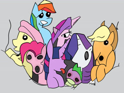 Size: 4128x3096 | Tagged: safe, artist:l1ght, applejack, fluttershy, pinkie pie, princess cadance, rainbow dash, rarity, spike, twilight sparkle, g4, cursed image, experimental style, eyeless pony, mane seven, mane six, not salmon, open mouth, simple background, tongue out, wat