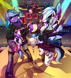 Size: 2478x2725 | Tagged: safe, artist:breloomsgarden, oc, oc only, oc:aegis moonwalker, oc:crosswind, oc:vetica moralli, bird, fox, hybrid, unicorn, wolf, anthro, band, bass guitar, boots, breasts, choker, cleavage, clothes, concert, drum kit, drums, female, furry, furry oc, guitar, high res, hoof shoes, jacket, looking at you, mare, microphone, music, musical instrument, shoes, stage