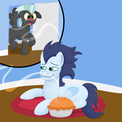 Size: 1000x1000 | Tagged: artist needed, source needed, safe, soarin', thunderlane, pegasus, pony, g4, :o, blushing, carpet, doublechip, floppy ears, folded wings, food, gay, lying down, male, newbie artist training grounds, open mouth, pie, shipping, smiling, smirk, soarilane, spread wings, stallion, that pony sure does love pies, wings