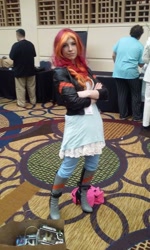 Size: 576x960 | Tagged: safe, artist:littlemissbloo, sunset shimmer, human, g4, babscon, babscon 2015, clothes, cosplay, costume, crossed arms, facebook, irl, irl human, photo