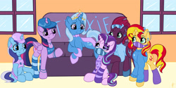 Size: 5000x2500 | Tagged: safe, artist:appleneedle, fizzlepop berrytwist, minuette, starlight glimmer, sunset shimmer, tempest shadow, trixie, twilight sparkle, alicorn, pony, unicorn, g4, bandana, bowtie, cape, clothes, clothes swap, commission, couch, crown, ear piercing, earring, eye clipping through hair, eyebrows, eyebrows visible through hair, face mask, female, grin, harem, hat, high res, hoof shoes, jewelry, lesbian, looking at each other, mare, mask, minixie, necklace, piercing, polyamory, queen, raised hoof, regalia, ship:startrix, ship:suntrix, ship:tempestrix, ship:twixie, shipping, shirt, sitting, smiling, socks, stockings, striped socks, sweater, t-shirt, tank top, thigh highs, trixie gets all the mares, twilight sparkle (alicorn), wall of tags