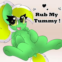 Size: 3000x3000 | Tagged: safe, artist:pegamutt, oc, oc only, oc:gumdrops, pegasus, pony, beige background, belly, bellyrub request, chest fluff, commission, cute, dock, ear fluff, eye clipping through hair, female, fluffy, folded wings, green coat, green eyes, heart, high res, looking at you, lying down, mare, ocbetes, on back, open mouth, open smile, pegasus oc, simple background, smiling, smiling at you, solo, tail, talking to viewer, two toned tail, wings, ych result