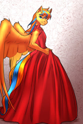 Size: 853x1280 | Tagged: safe, artist:mykegreywolf, oc, oc only, oc:cold front, pegasus, anthro, abstract background, clothes, crossdressing, dress, eyebrows, eyebrows visible through hair, flower, gown, looking at you, male, pegasus oc, princess costume, rose, smiling, solo, spread wings, wings