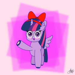 Size: 1280x1280 | Tagged: safe, artist:limitmj, twilight sparkle, alicorn, pony, g4, blush sticker, blushing, bow, cute, female, frog (hoof), hair bow, mare, open mouth, open smile, simple background, smiling, solo, twiabetes, twilight sparkle (alicorn), underhoof, waving at you