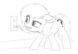 Size: 2277x1584 | Tagged: safe, artist:smoldix, oc, oc:filly anon, earth pony, pony, electrical engineering in the comments, electrical outlet, female, filly, floppy ears, fork, grayscale, imminent darwin award, monochrome, mouth hold, sketch, solo, this will end in electrocution, this will end in pain, tongue out, too dumb to live, what could possibly go wrong