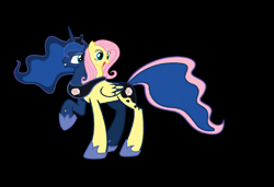 Size: 2960x2026 | Tagged: safe, artist:theunknowenone1, fluttershy, princess luna, alicorn, pegasus, pony, g4, black background, conjoined, fusion, happy, high res, merge, multiple heads, simple background, two heads, we have become one