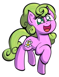 Size: 1027x1348 | Tagged: safe, artist:ashtoneer, daisy, flower wishes, earth pony, pony, g4, eye clipping through hair, female, mare, open mouth, open smile, raised hoof, simple background, smiling, solo, white background