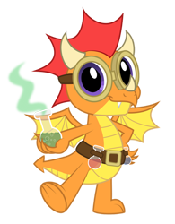 Size: 900x1155 | Tagged: safe, artist:aleximusprime, oc, oc:sizzle, oc:sizzle the dragon, dragon, belt, bottle, dragon horns, dragon oc, dragon wings, flurry hearts story, goggles, horn, nose horn, scientist, super dragon warriors, wings