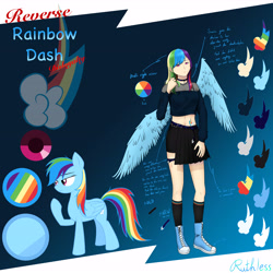Size: 7016x7016 | Tagged: safe, artist:ruthless7, rainbow dash, human, pegasus, pony, g4, clothes, converse, duo, female, humanized, mare, raised hoof, reference sheet, shoes, shorts, story included, winged humanization, wings