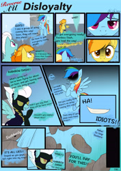 Size: 4961x7016 | Tagged: safe, artist:ruthless7, fleetfoot, rainbow dash, spitfire, pegasus, pony, g4, betrayal, clothes, comic, costume, dialogue, evil smile, female, flying, grin, mare, outdoors, shadowbolts costume, smiling